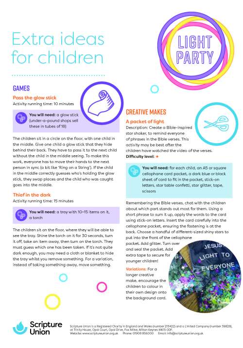 Light Party 2018 Extra ideas for children Scripture Union